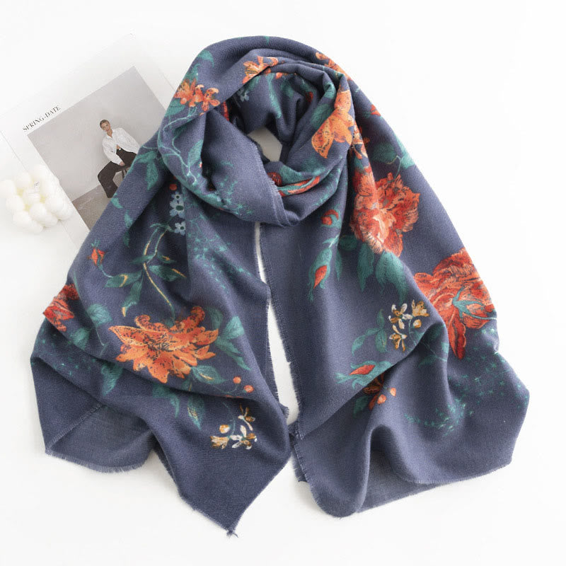 Buddha Stones Tibetan Multiflora Rose Print Pattern Design Shawl Fall Winter Cozy Warm Scarf Wrap - SteelBlue 190*65cm - image 3