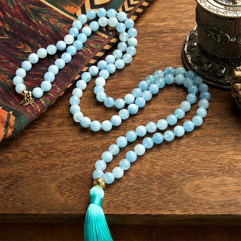 Buddha Stones 108 Mala Beads Natural Stone Aquamarine Tassel Lotus Healing Bracelet - image 1
