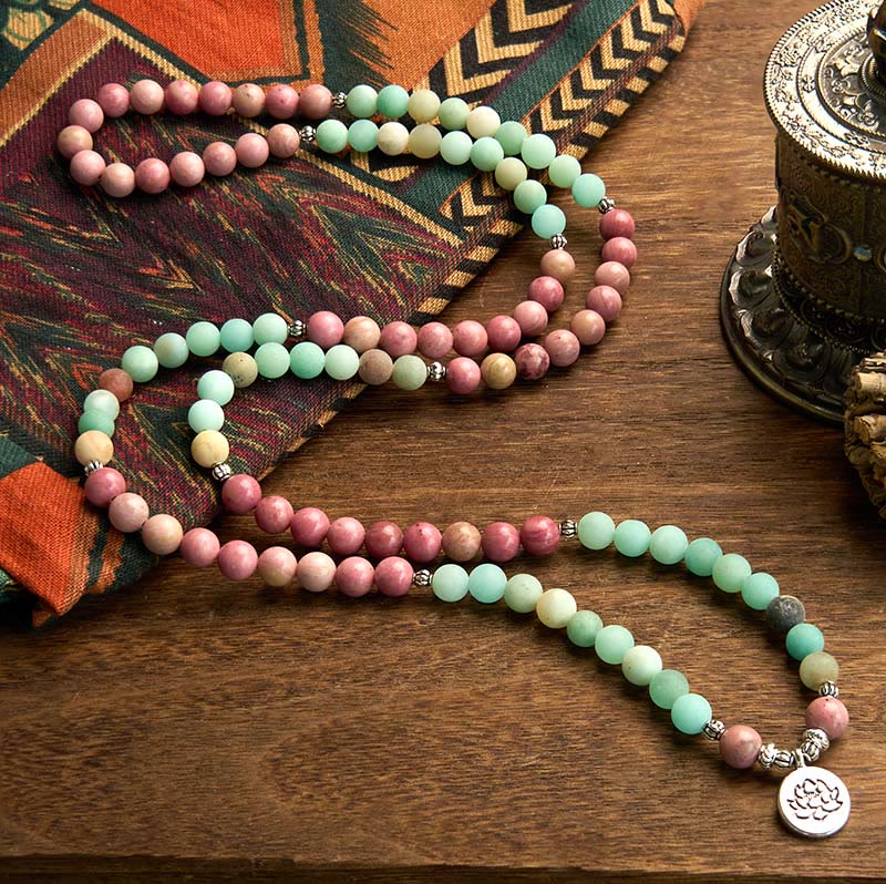Buddha Stones 108 Mala Beads Rhodonite Amazonite Lotus Healing Bracelet - image 1