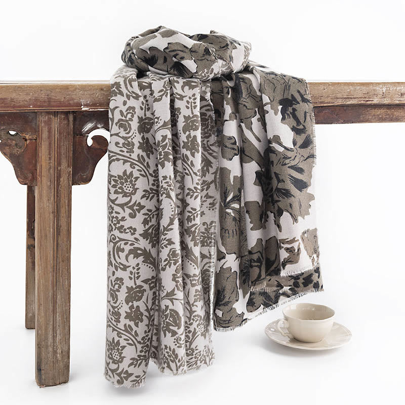 Buddha Stones Tibetan Plants Flowers Print Pattern Shawl Fall Winter Cozy Warm Travel Scarf Wrap - WhiteSmoke Gray 190*65cm - image 0