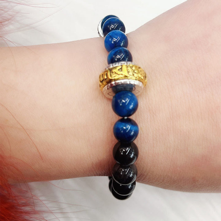Buddha Stones Silver Sheen Obsidian Blue Tiger Eye Om Mani Padme Hum Protection Bracelet - image 10