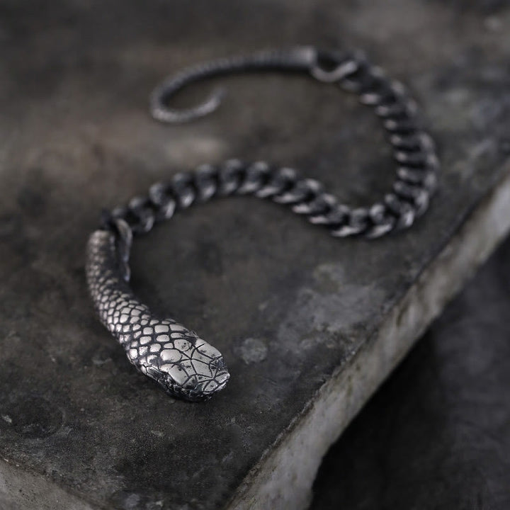 Buddha Stones Sterling Silver Snake Shape Texture Year Of The Snake Blessing Bracelet - image 1