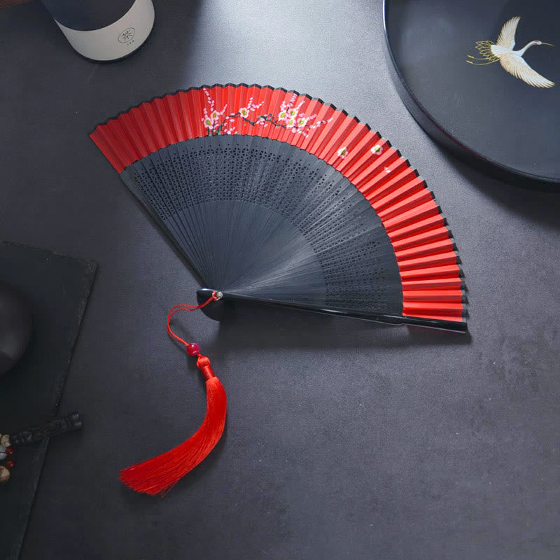 Buddha Stones Flower Rabbit Spray Painting Handheld Cotton Linen Fabric Bamboo Folding Fan - Hollow Plum Blossom 21cm - image 4