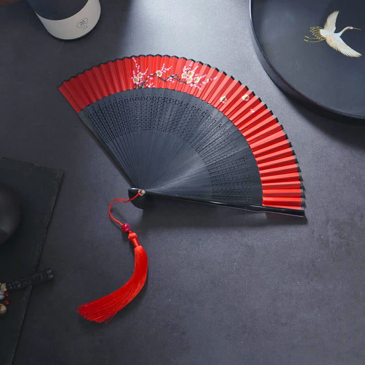 Buddha Stones Flower Rabbit Spray Painting Handheld Cotton Linen Fabric Bamboo Folding Fan - Hollow Plum Blossom 21cm - image 4