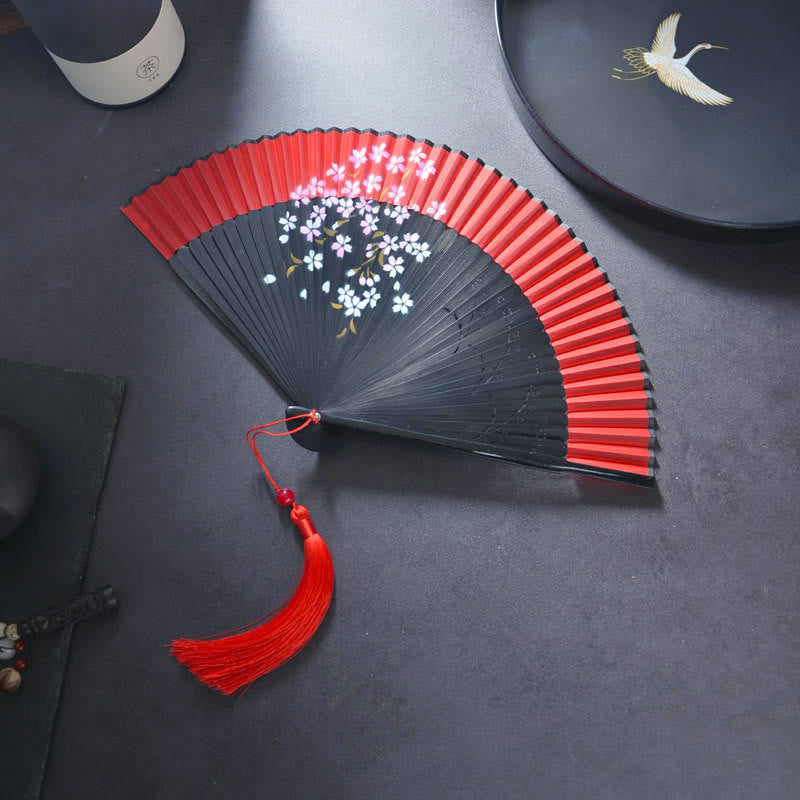 Buddha Stones Flower Rabbit Spray Painting Handheld Cotton Linen Fabric Bamboo Folding Fan - Red Black Cherry Blossom 21cm - image 6