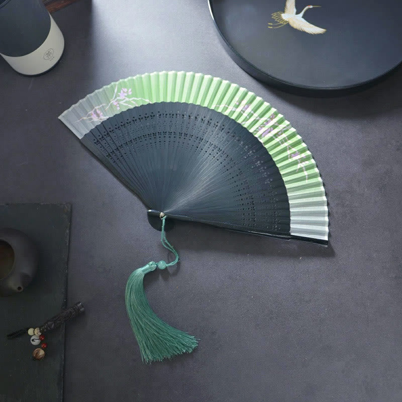 Buddha Stones Flower Plain Handheld Polyester Tassel Bamboo Folding Fan 21cm - Black Orchid 21cm - image 5