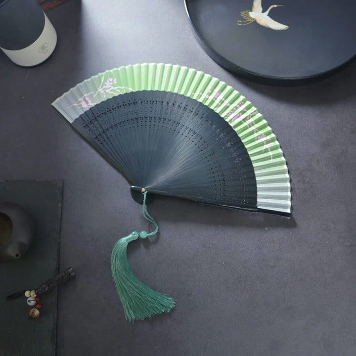 Buddha Stones Flower Plain Handheld Polyester Tassel Bamboo Folding Fan 21cm - Black Orchid 21cm - image 5