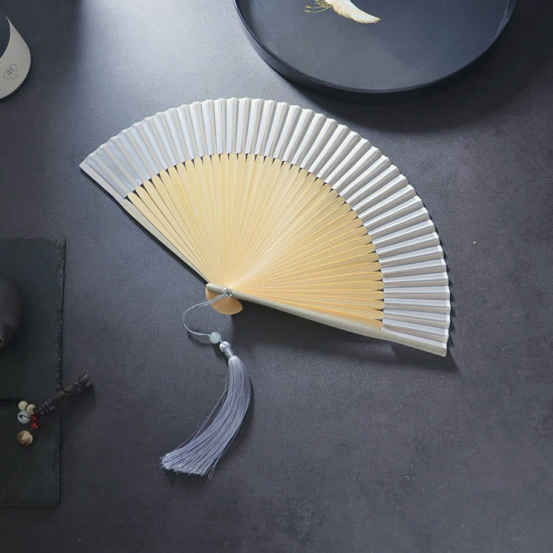 Buddha Stones Flower Plain Handheld Polyester Tassel Bamboo Folding Fan 21cm - Gray Plain 21cm - image 7