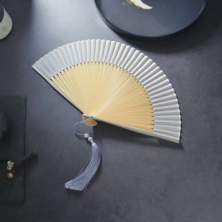 Buddha Stones Flower Plain Handheld Polyester Tassel Bamboo Folding Fan 21cm - Gray Plain 21cm - image 7