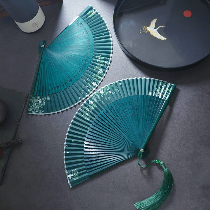 Buddha Stones Flower Plain Handheld Polyester Tassel Bamboo Folding Fan 21cm - image 2