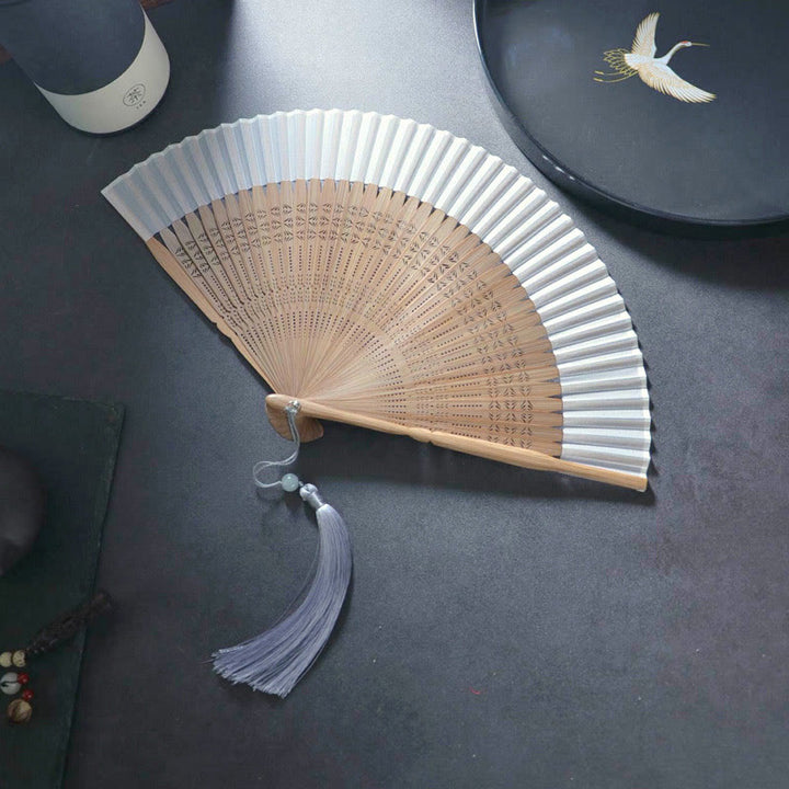 Buddha Stones Flower Plain Handheld Polyester Tassel Bamboo Folding Fan 21cm - Wood Color 21cm - image 8