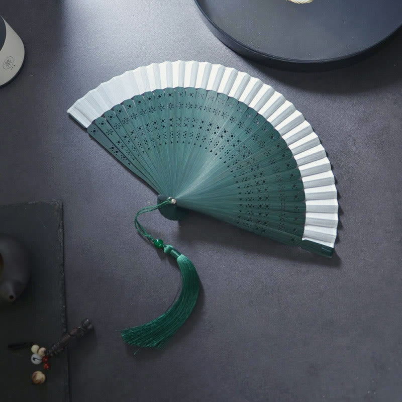 Buddha Stones Flower Plain Handheld Polyester Tassel Bamboo Folding Fan 21cm - Green White 21cm - image 6