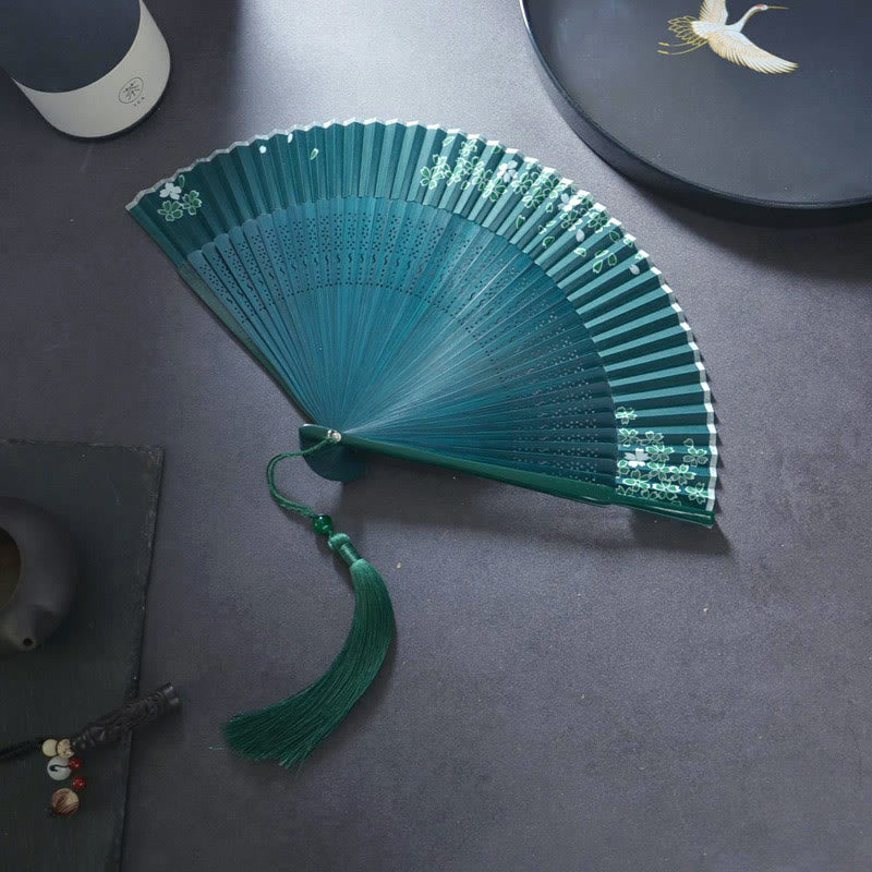 Buddha Stones Flower Plain Handheld Polyester Tassel Bamboo Folding Fan 21cm - Green Cherry Blossom 21cm - image 0