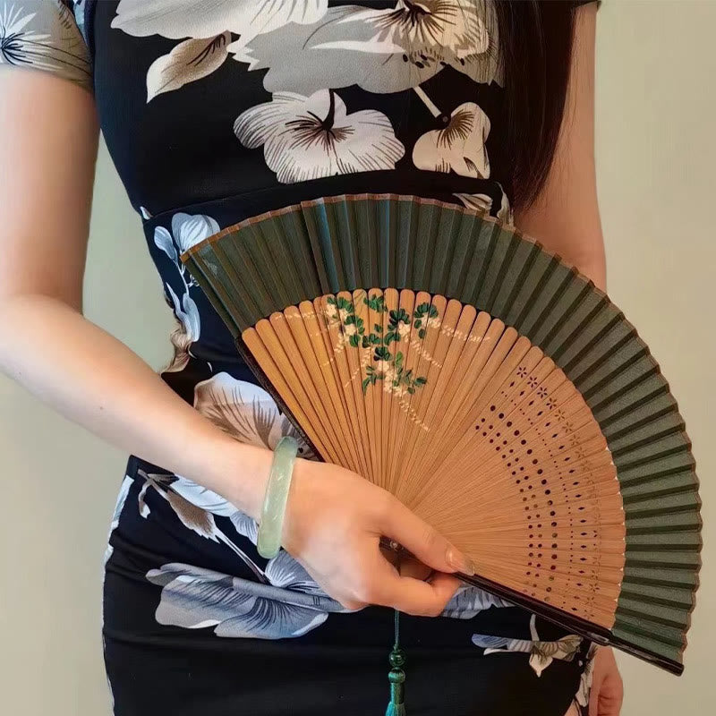 Buddha Stones Flower Plain Handheld Polyester Tassel Bamboo Folding Fan 21cm - Peach Blossom 21cm - image 3