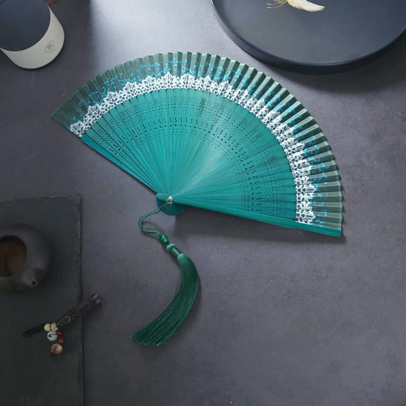 Buddha Stones Flower Plain Handheld Polyester Tassel Bamboo Folding Fan 21cm - White Lace 21cm - image 4