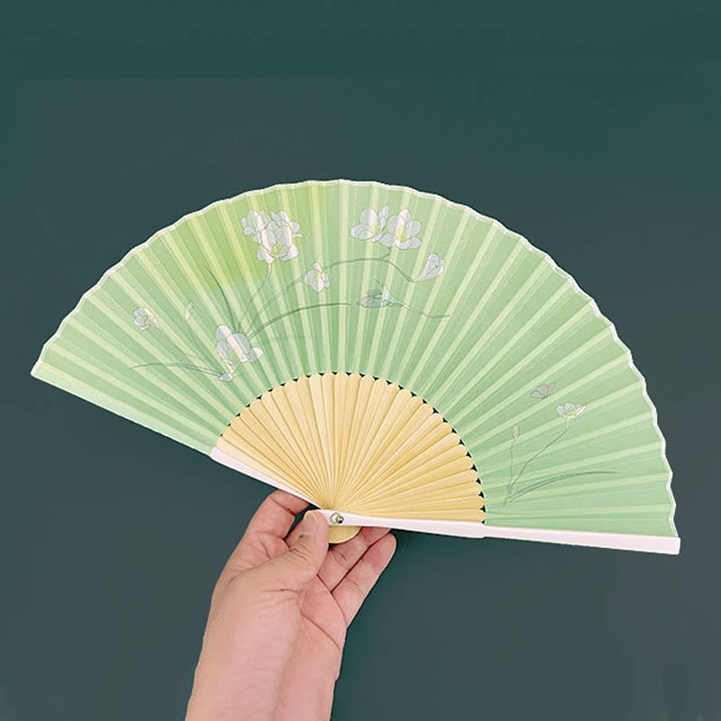 Buddha Stones Orchid Begonia Flower Handheld Cotton Linen Fabric Bamboo Folding Fan - image 1