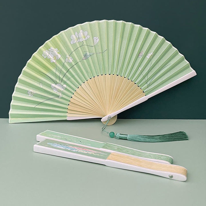 Buddha Stones Orchid Begonia Flower Handheld Cotton Linen Fabric Bamboo Folding Fan - image 5