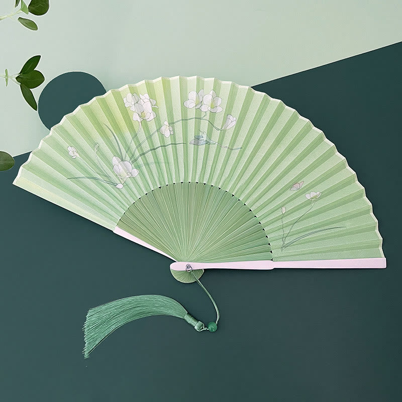 Buddha Stones Orchid Begonia Flower Handheld Cotton Linen Fabric Bamboo Folding Fan - Orchid Green Bamboo Ribs 22cm - image 6