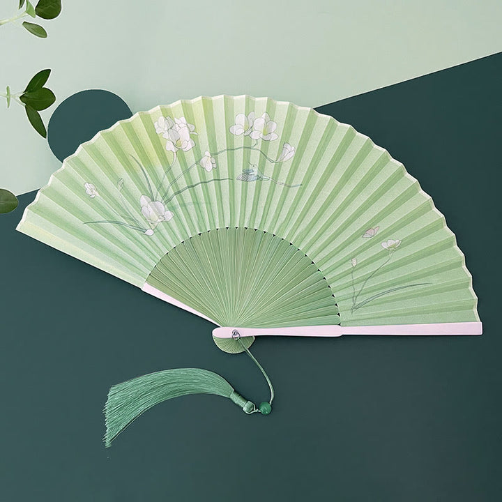 Buddha Stones Orchid Begonia Flower Handheld Cotton Linen Fabric Bamboo Folding Fan - Orchid Green Bamboo Ribs 22cm - image 6