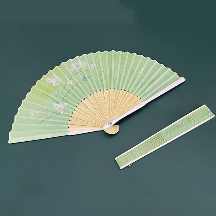 Buddha Stones Orchid Begonia Flower Handheld Cotton Linen Fabric Bamboo Folding Fan - image 3