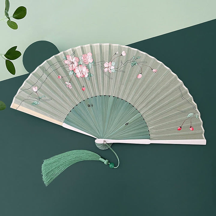Buddha Stones Orchid Begonia Flower Handheld Cotton Linen Fabric Bamboo Folding Fan - Begonia  Green Bamboo Ribs 21cm - image 11