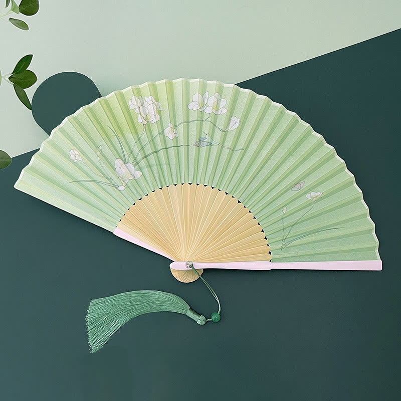 Buddha Stones Orchid Begonia Flower Handheld Cotton Linen Fabric Bamboo Folding Fan - Orchid Bamboo Ribs 22cm - image 0