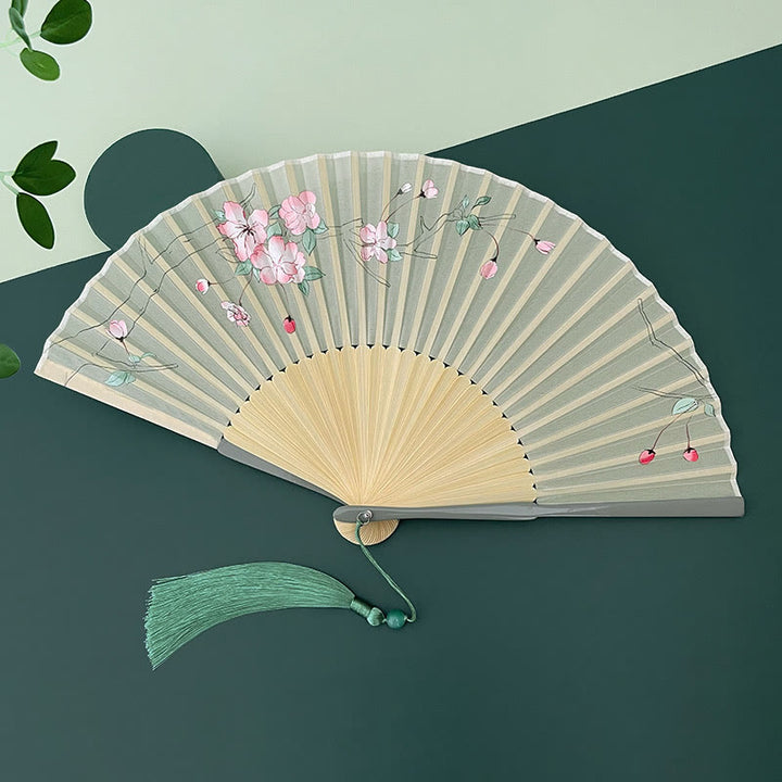Buddha Stones Orchid Begonia Flower Handheld Cotton Linen Fabric Bamboo Folding Fan - Begonia Bamboo Ribs 21cm - image 10