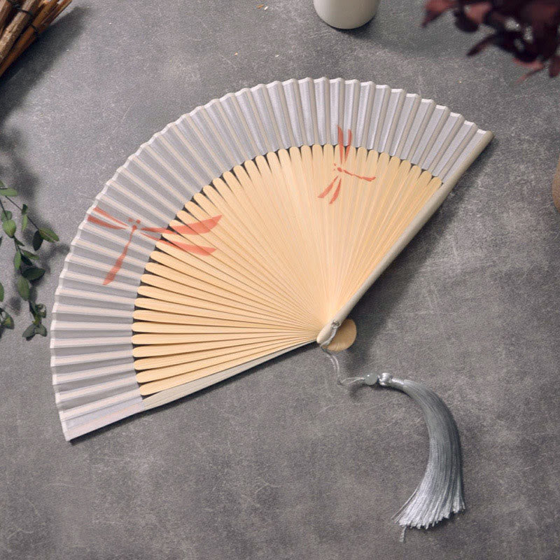 Buddha Stones Dragonfly Handheld Polyester Tassel Bamboo Folding Fan 22cm - Gray Dragonfly 22cm - image 0