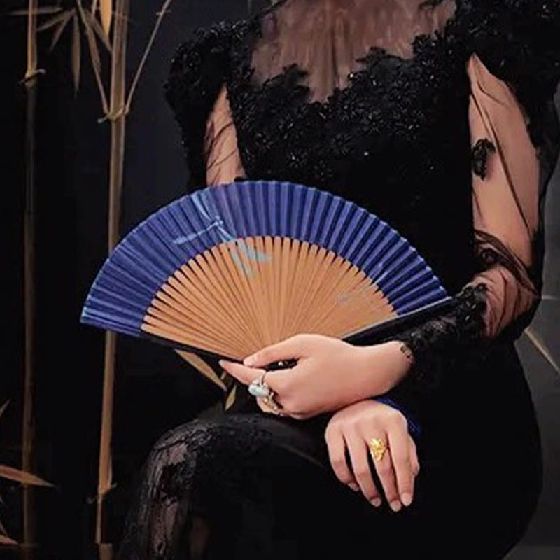 Buddha Stones Dragonfly Handheld Polyester Tassel Bamboo Folding Fan 22cm - Navy Blue Dragonfly 22cm - image 1
