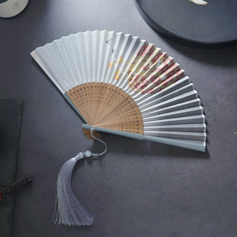 Buddha Stones Gardenia Cherry Blossom Moon Handheld Polyester Bamboo Folding Fan 21cm - Cherry Moon Gray Edge 21cm - image 4
