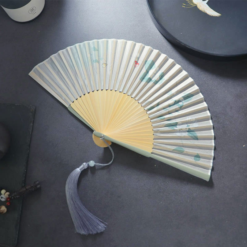 Buddha Stones Gardenia Cherry Blossom Moon Handheld Polyester Bamboo Folding Fan 21cm - Gardenia 21cm - image 0