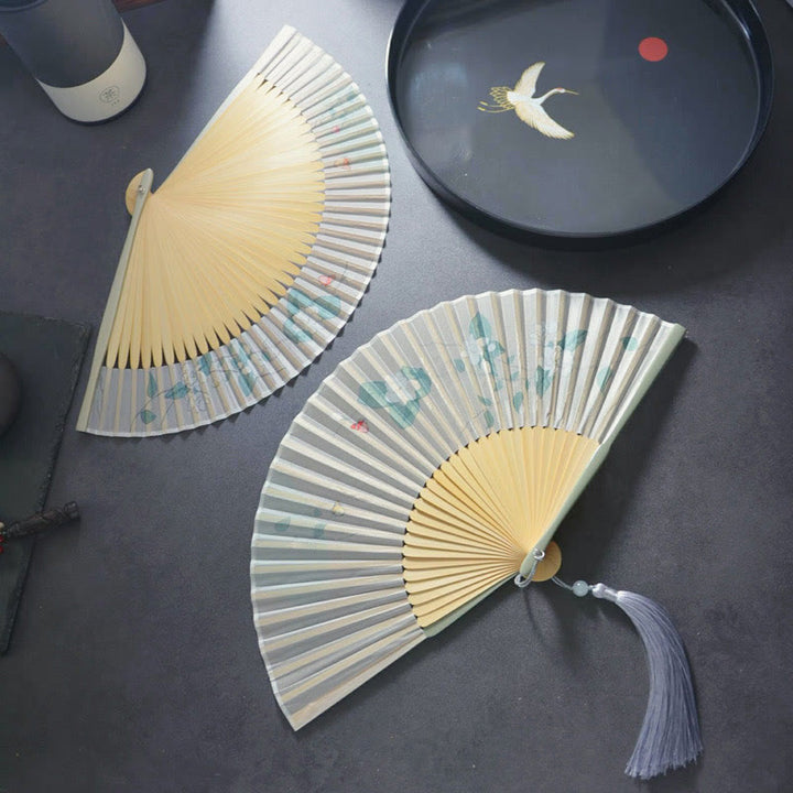Buddha Stones Gardenia Cherry Blossom Moon Handheld Polyester Bamboo Folding Fan 21cm - image 5