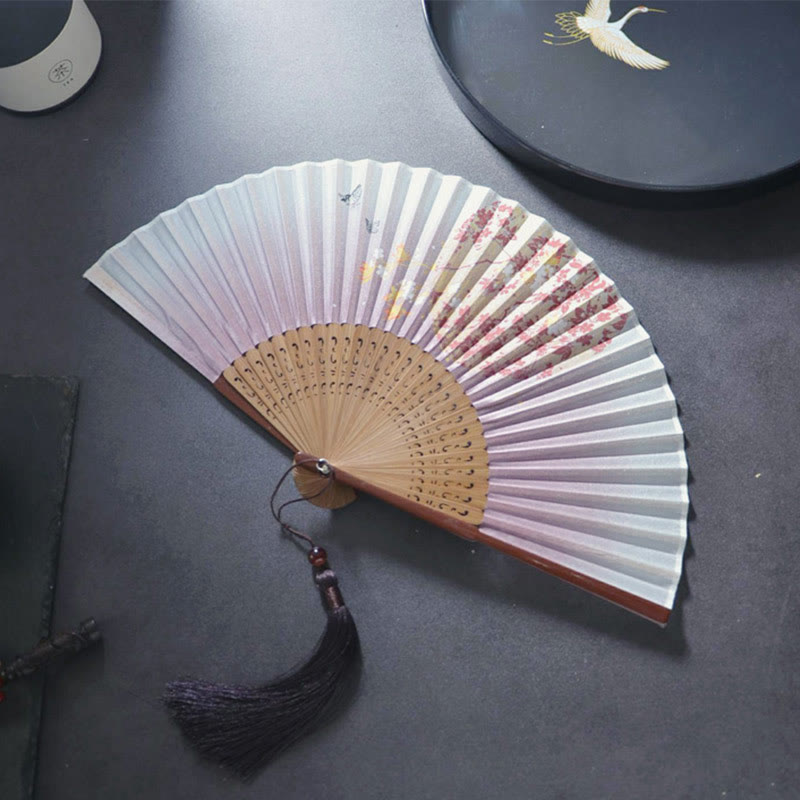 Buddha Stones Gardenia Cherry Blossom Moon Handheld Polyester Bamboo Folding Fan 21cm - Cherry Moon Brown Edge 21cm - image 3