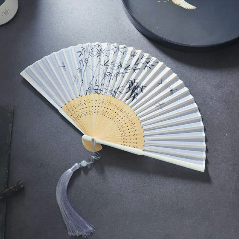 Buddha Stones Gardenia Cherry Blossom Moon Handheld Polyester Bamboo Folding Fan 21cm - Bamboo Leaves 21cm - image 1