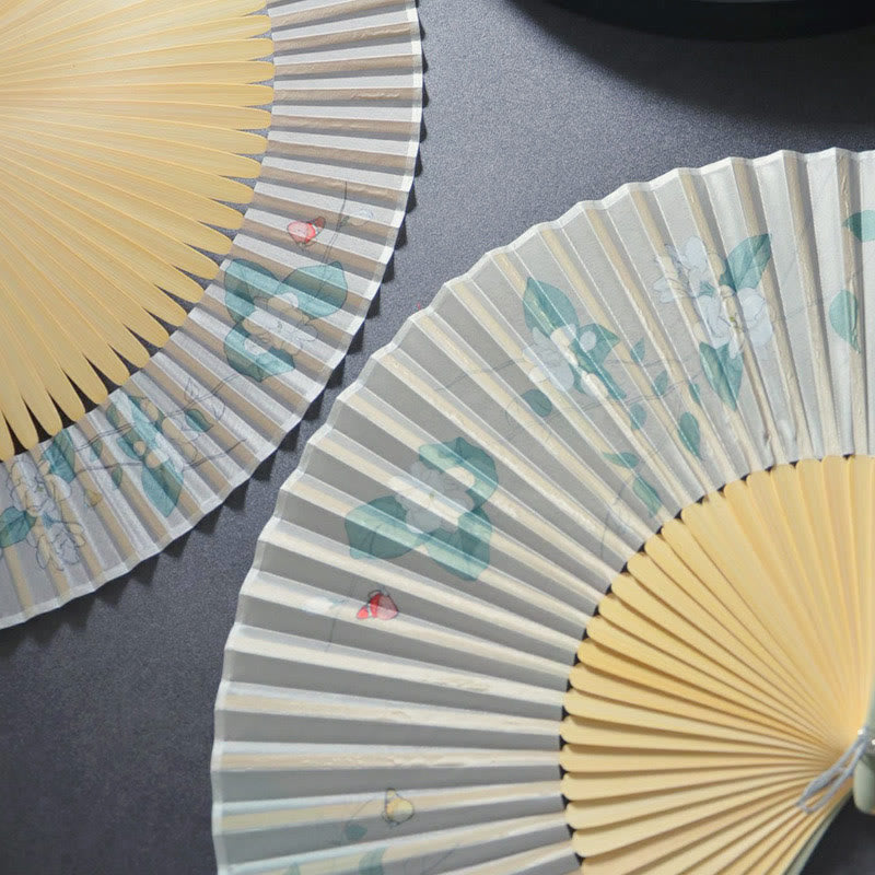 Buddha Stones Gardenia Cherry Blossom Moon Handheld Polyester Bamboo Folding Fan 21cm - image 6