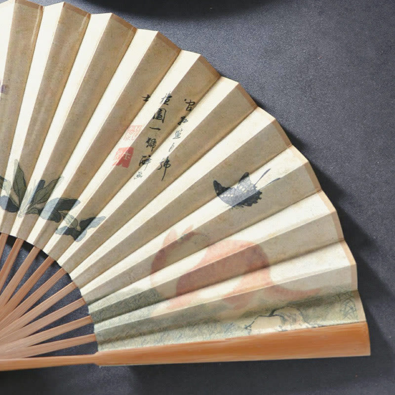 Buddha Stones Butterfly Cat Flower Handheld Cotton Linen Fabric Bamboo Folding Fan - image 4