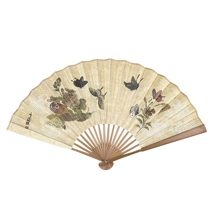 Buddha Stones Butterfly Cat Flower Handheld Cotton Linen Fabric Bamboo Folding Fan - image 2