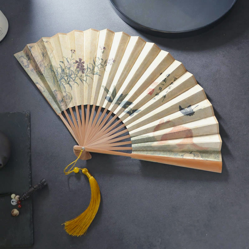 Buddha Stones Butterfly Cat Flower Handheld Cotton Linen Fabric Bamboo Folding Fan - Butterfly Cat Flower 26.6cm - image 0
