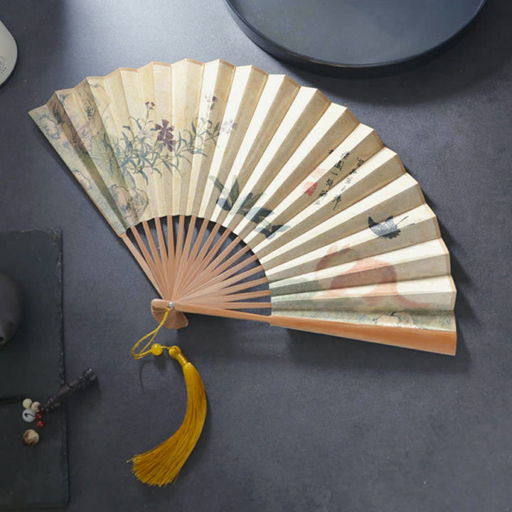 Buddha Stones Butterfly Cat Flower Handheld Cotton Linen Fabric Bamboo Folding Fan - Butterfly Cat Flower 26.6cm - image 0