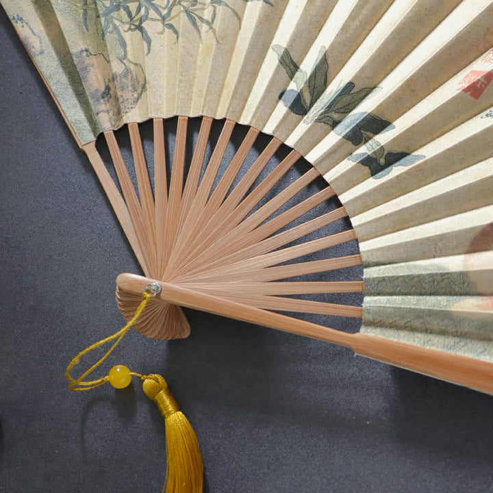 Buddha Stones Butterfly Cat Flower Handheld Cotton Linen Fabric Bamboo Folding Fan - image 3