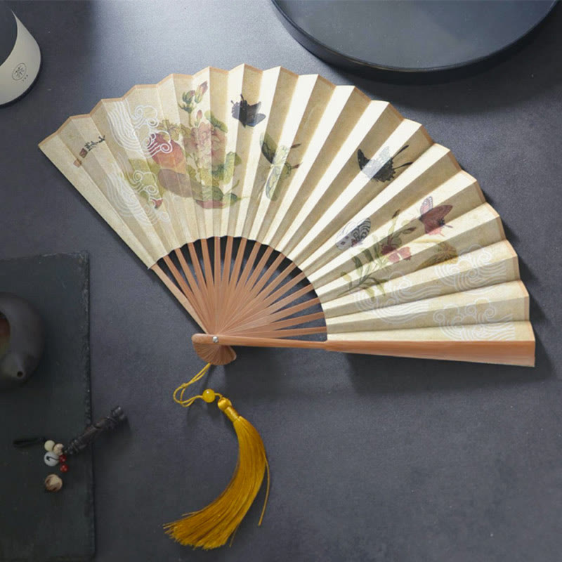 Buddha Stones Butterfly Cat Flower Handheld Cotton Linen Fabric Bamboo Folding Fan - image 1