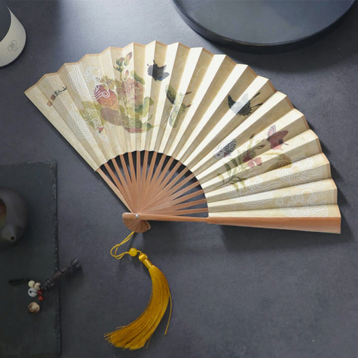 Buddha Stones Butterfly Cat Flower Handheld Cotton Linen Fabric Bamboo Folding Fan - image 1