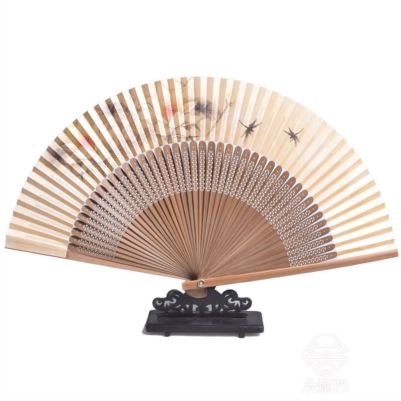 Buddha Stones Lotus Dragonfly Peony Butterfly Handheld Paper Bamboo Folding Fan 22.5cm - image 2
