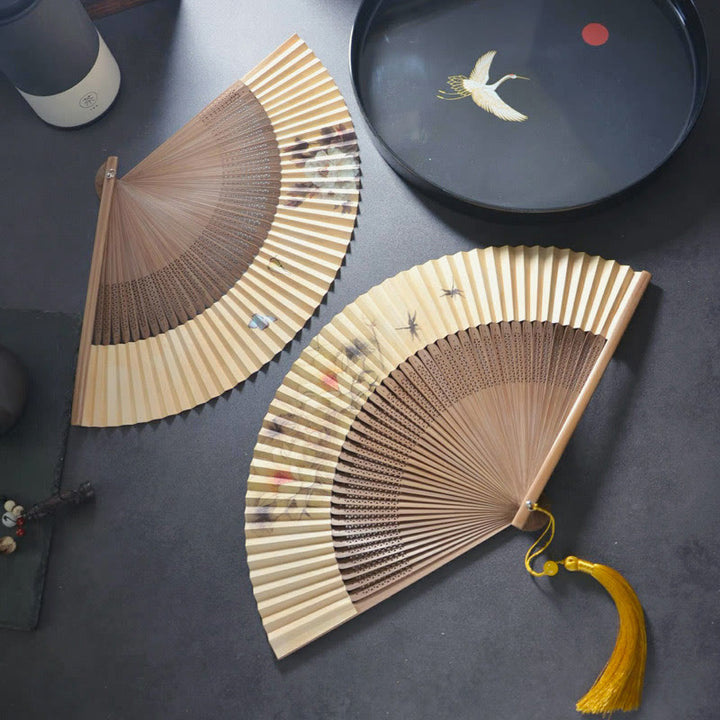 Buddha Stones Lotus Dragonfly Peony Butterfly Handheld Paper Bamboo Folding Fan 22.5cm - image 4