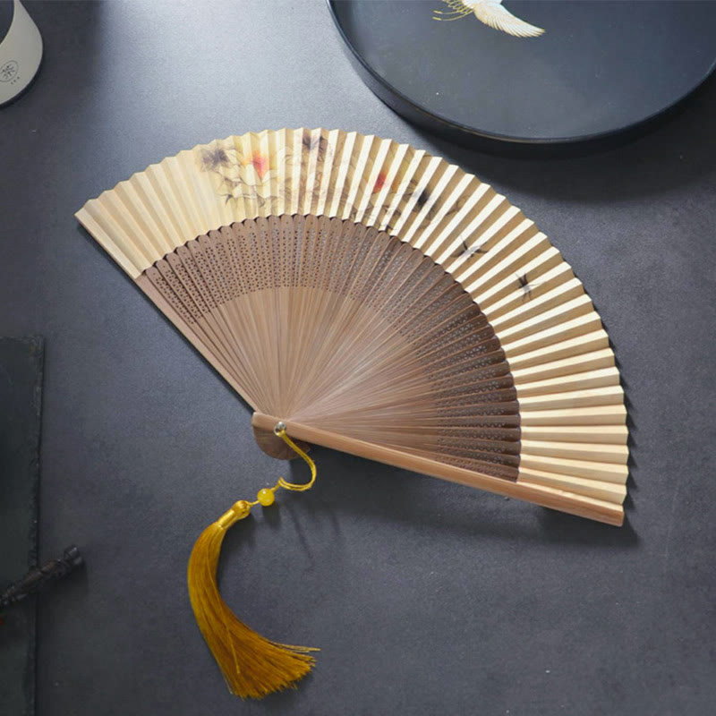 Buddha Stones Lotus Dragonfly Peony Butterfly Handheld Paper Bamboo Folding Fan 22.5cm - Lotus Dragonfly 22.5cm - image 0