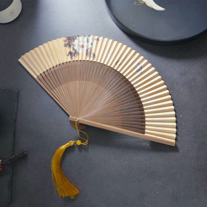 Buddha Stones Lotus Dragonfly Peony Butterfly Handheld Paper Bamboo Folding Fan 22.5cm - Peony Butterfly 22.5cm - image 3