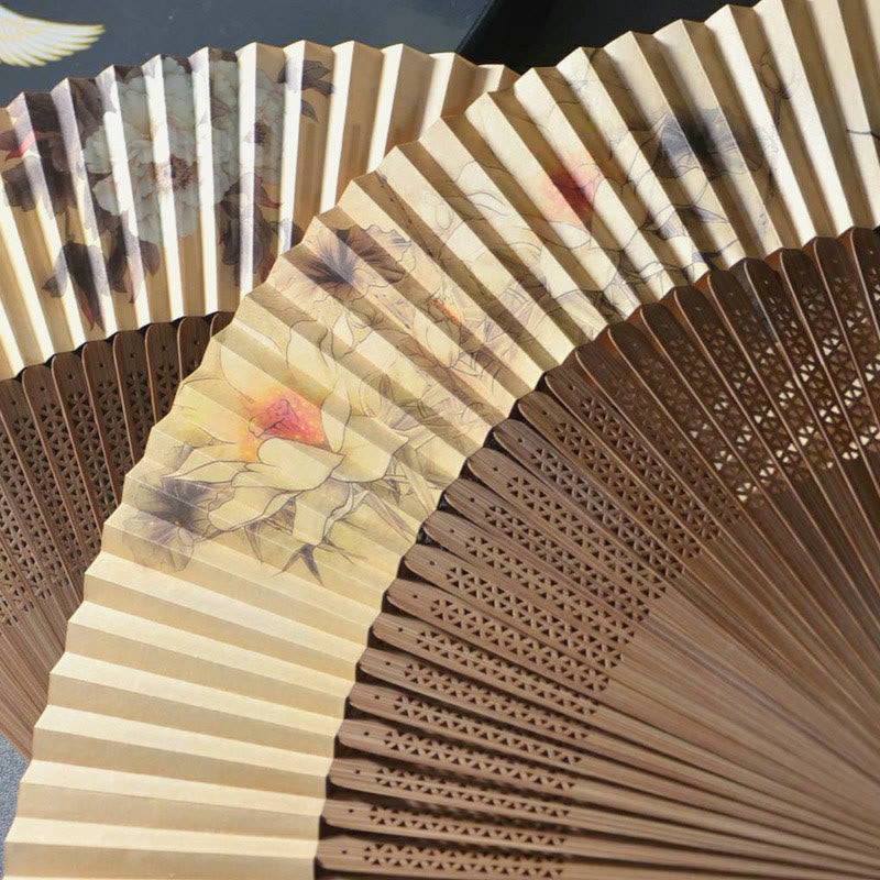 Buddha Stones Lotus Dragonfly Peony Butterfly Handheld Paper Bamboo Folding Fan 22.5cm - image 1