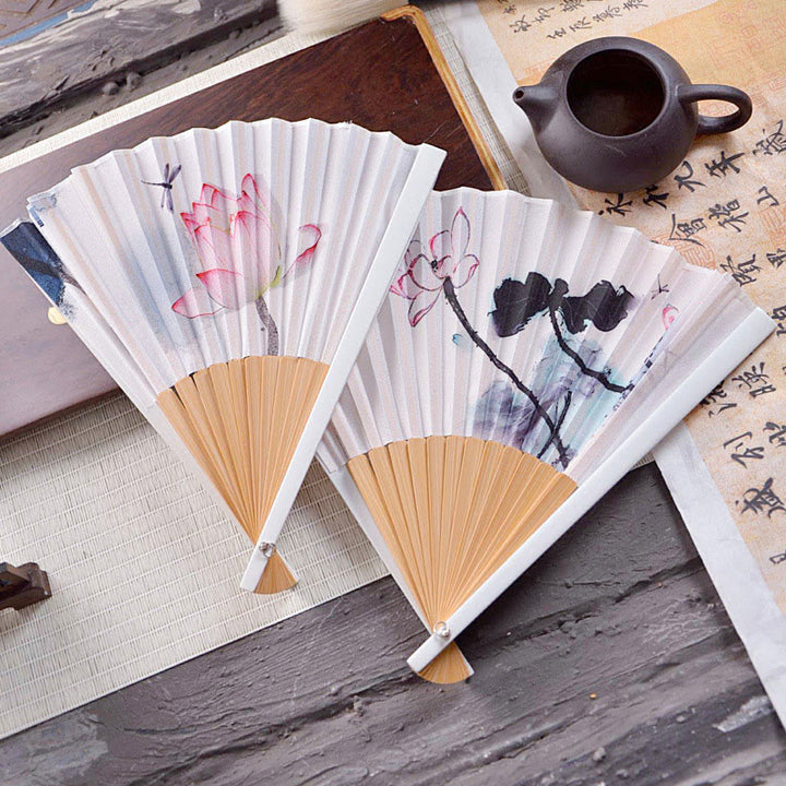 Buddha Stones Chinese Characters Ink Painting Lotus Flower Leaf Landscape Handheld Huayao Crepe Polyester Bamboo Folding Fan 23.3cm - image 7