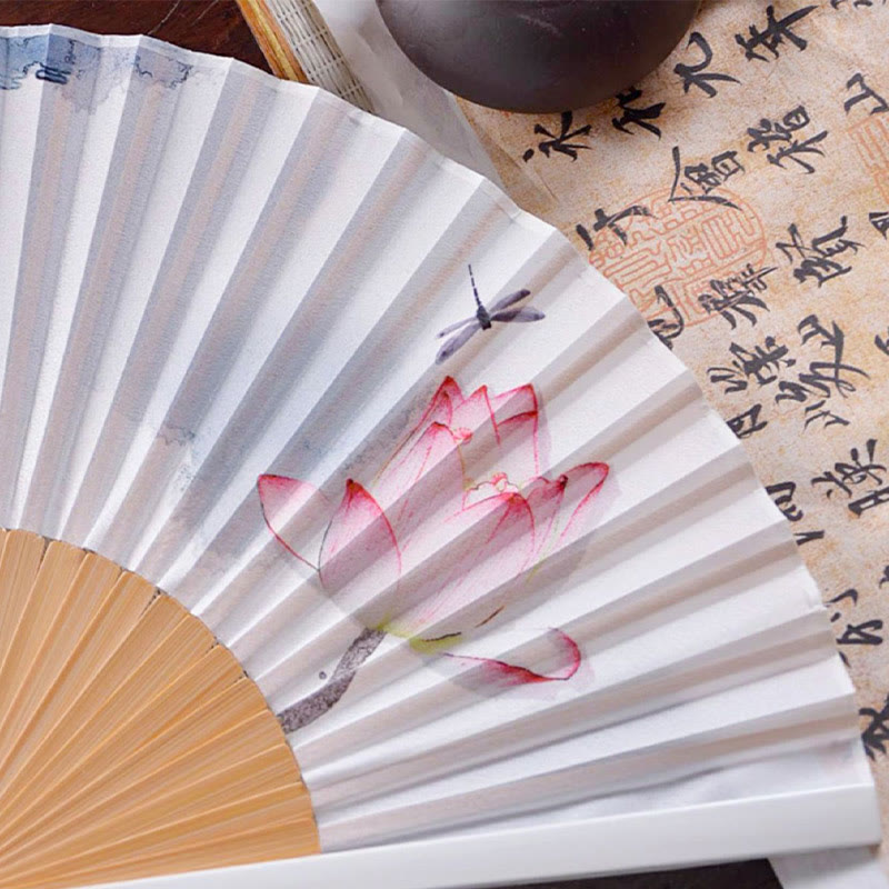 Buddha Stones Chinese Characters Ink Painting Lotus Flower Leaf Landscape Handheld Huayao Crepe Polyester Bamboo Folding Fan 23.3cm - image 3