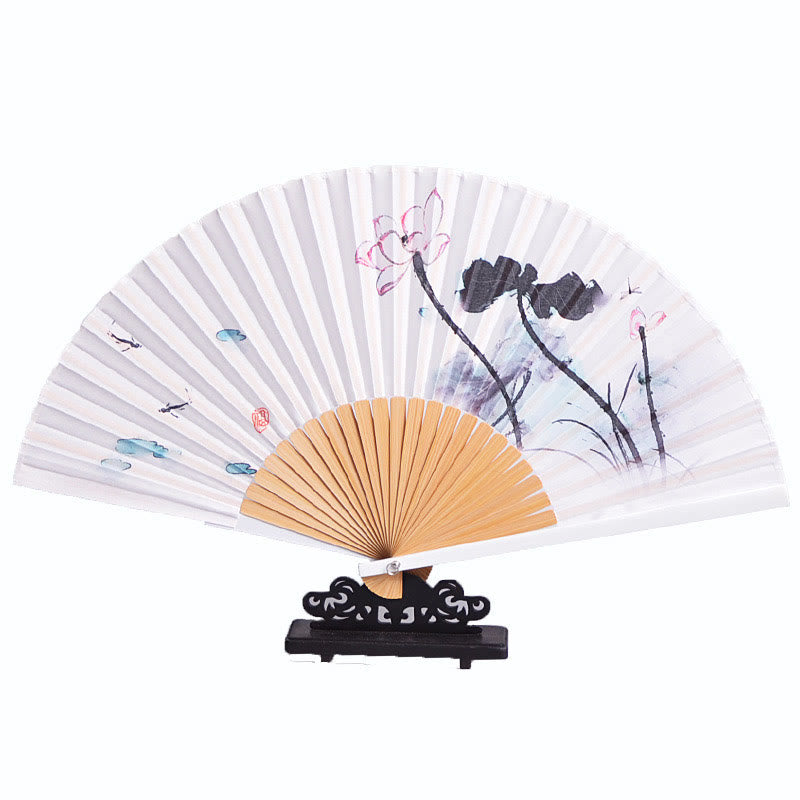 Buddha Stones Chinese Characters Ink Painting Lotus Flower Leaf Landscape Handheld Huayao Crepe Polyester Bamboo Folding Fan 23.3cm - image 6